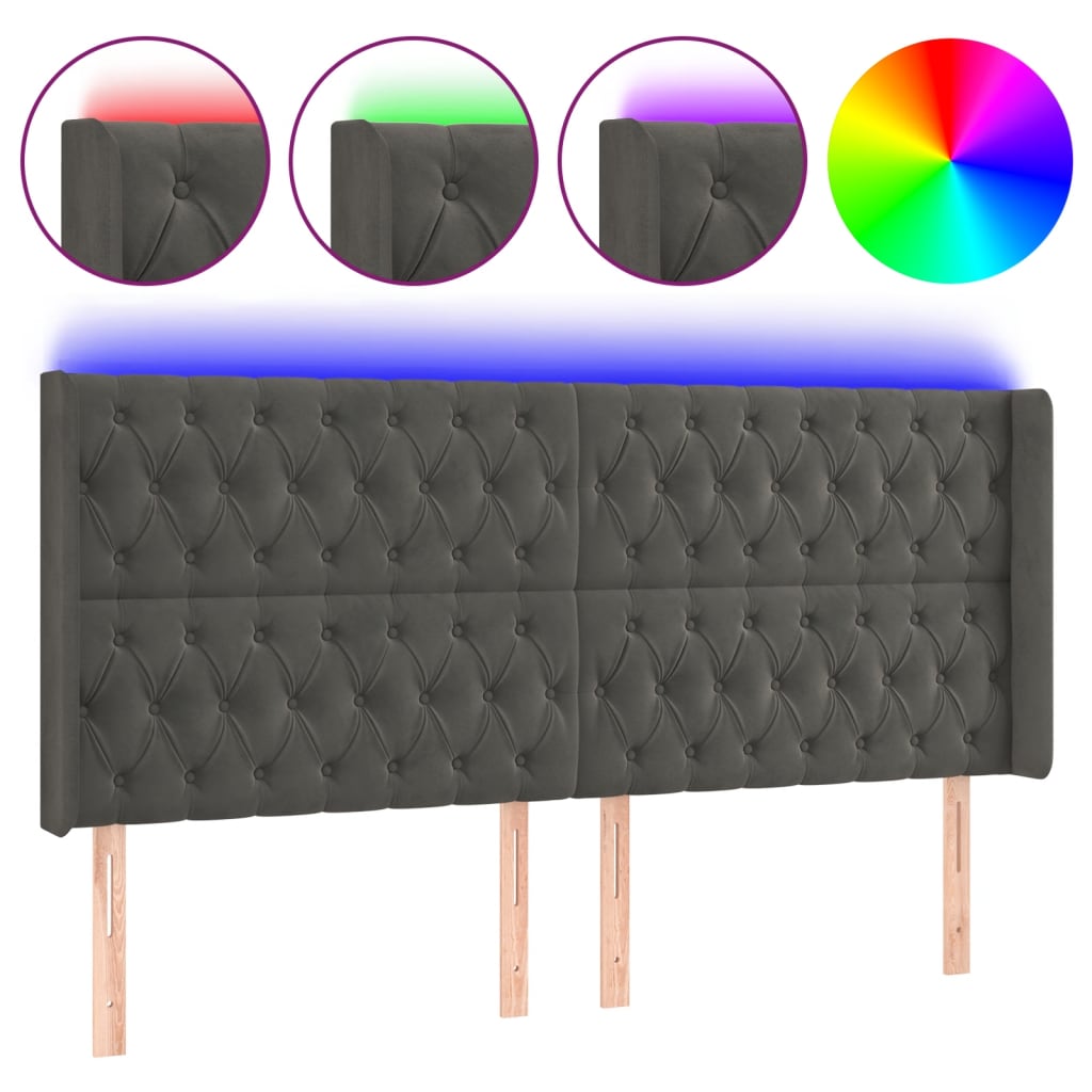 sengegavl med LED-lys 183x16x118/128 cm fløjl mørkegrå