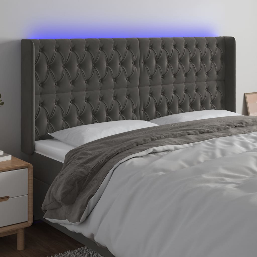 sengegavl med LED-lys 183x16x118/128 cm fløjl mørkegrå