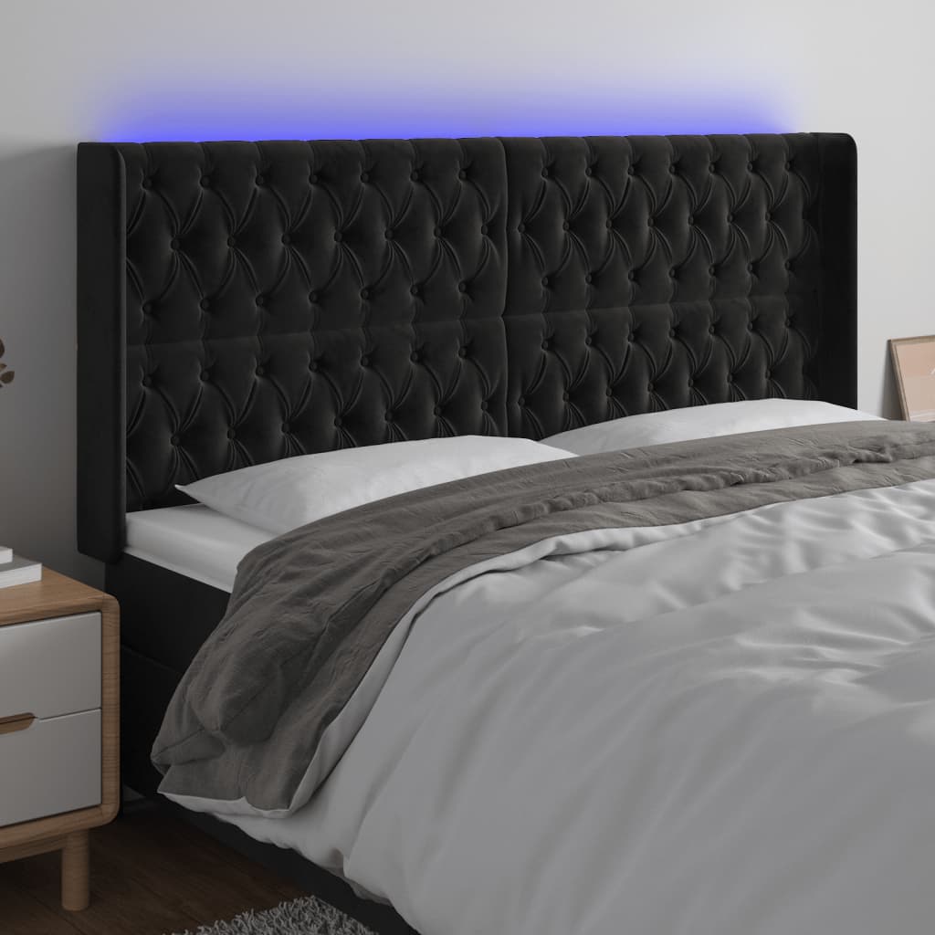sengegavl med LED-lys 183x16x118/128 cm fløjl sort