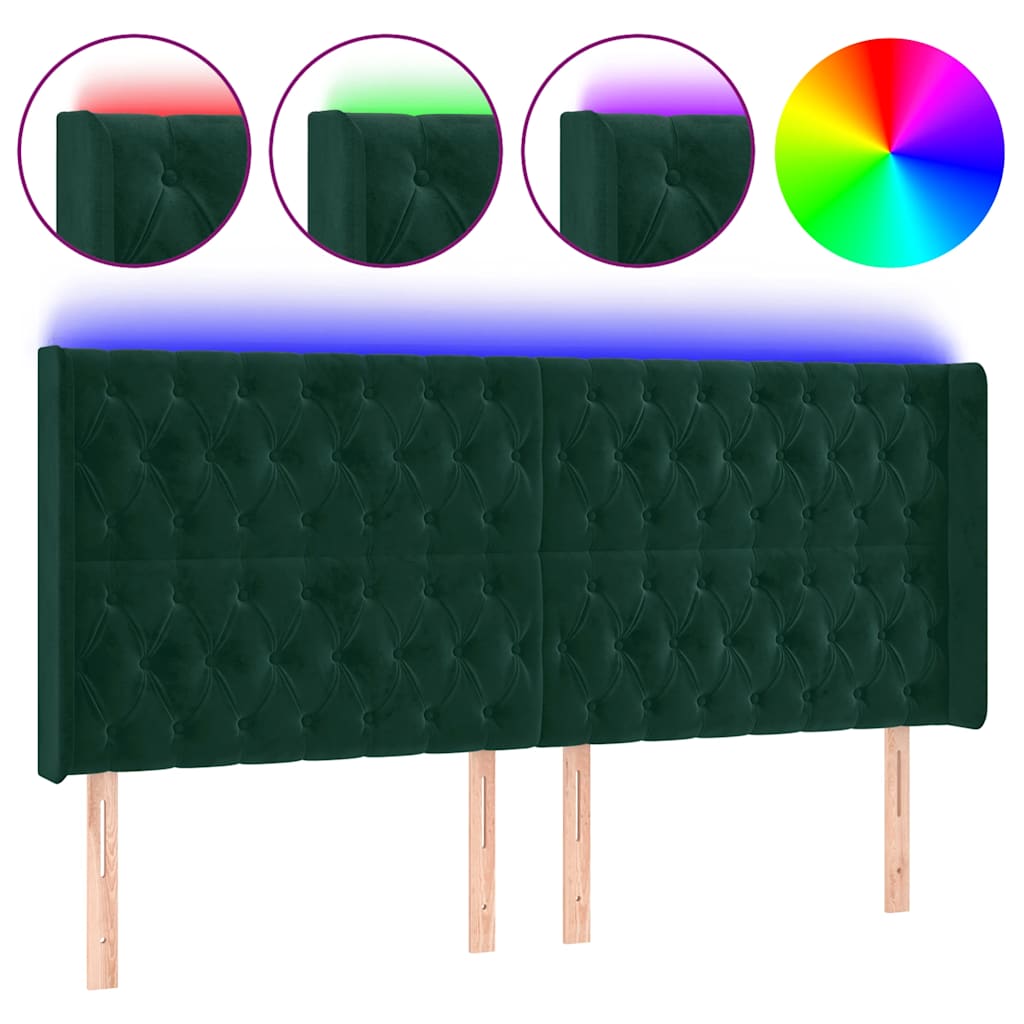 sengegavl med LED-lys 183x16x118/128 cm fløjl mørkegrøn