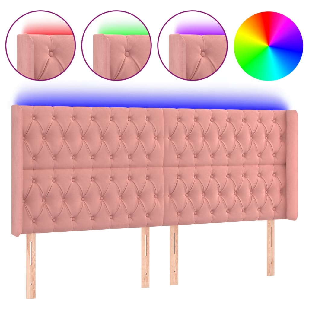 sengegavl med LED-lys 183x16x118/128 cm fløjl lyserød