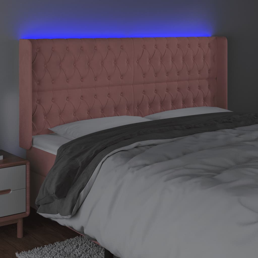 sengegavl med LED-lys 183x16x118/128 cm fløjl lyserød