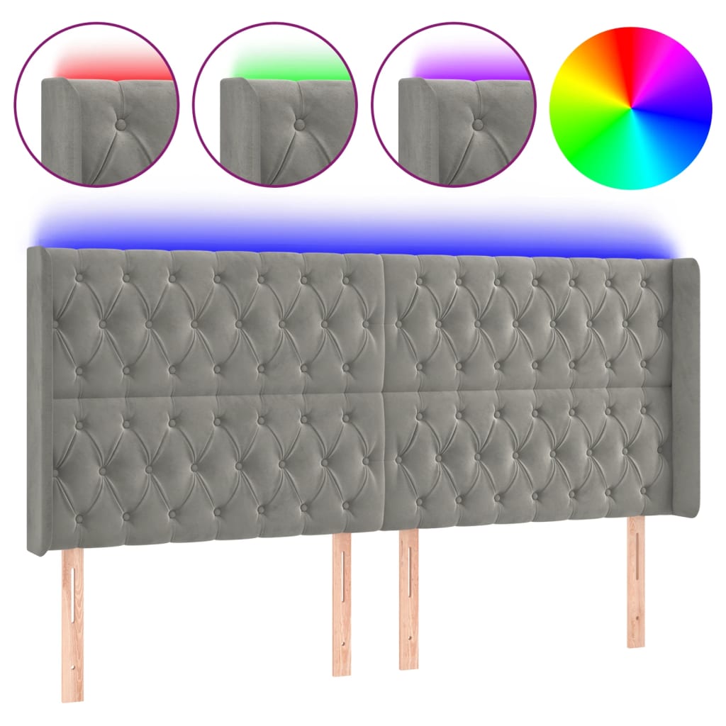 sengegavl med LED-lys 203x16x118/128 cm fløjl lysegrå