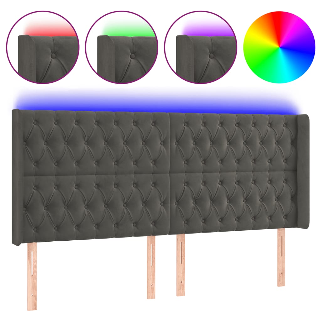 sengegavl med LED-lys 203x16x118/128 cm fløjl mørkegrå