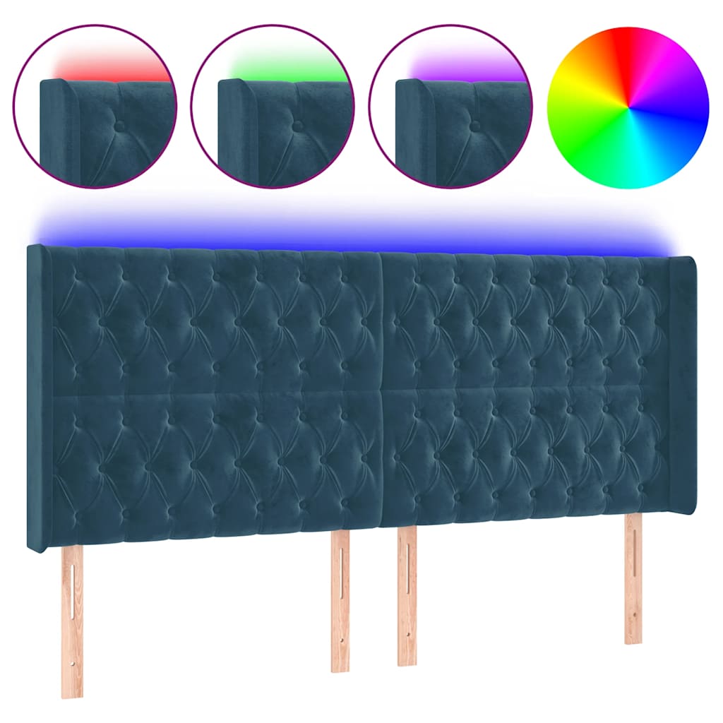 sengegavl med LED-lys 203x16x118/128 cm fløjl mørkeblå