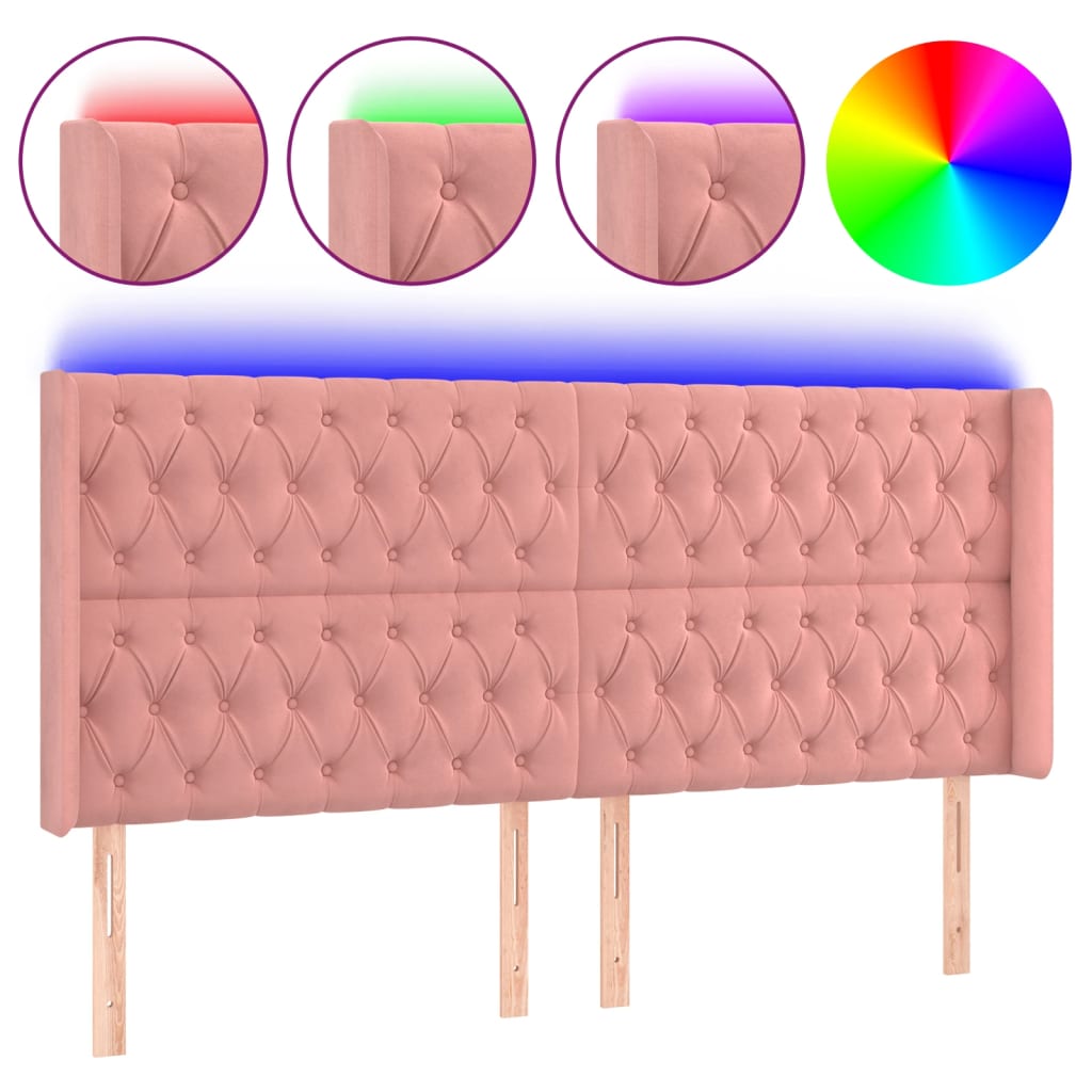 sengegavl med LED-lys 203x16x118/128 cm fløjl lyserød