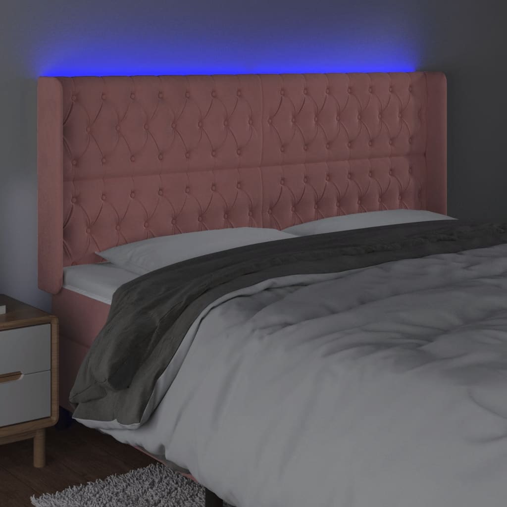 sengegavl med LED-lys 203x16x118/128 cm fløjl lyserød