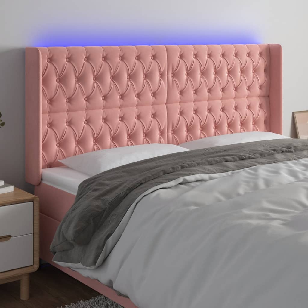 sengegavl med LED-lys 203x16x118/128 cm fløjl lyserød