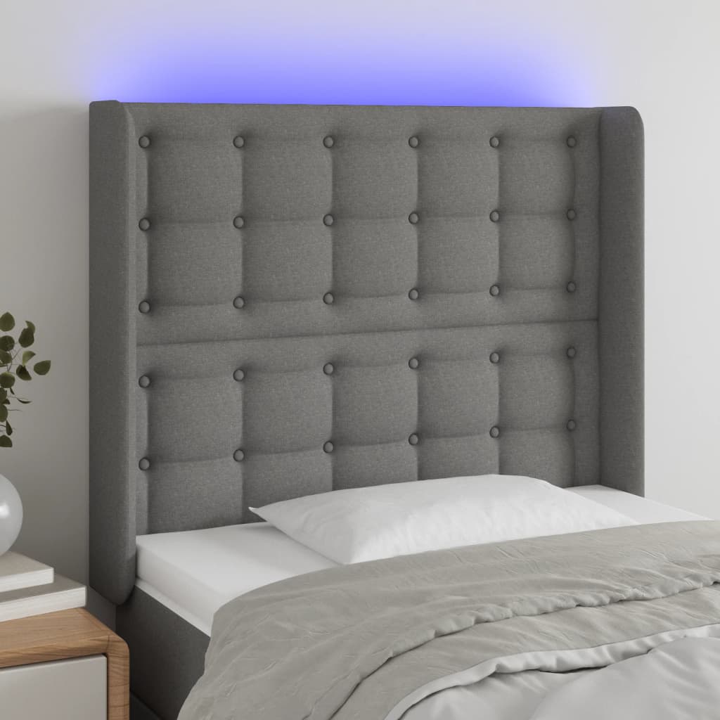 sengegavl med LED-lys 83x16x118/128 cm stof mørkegrå