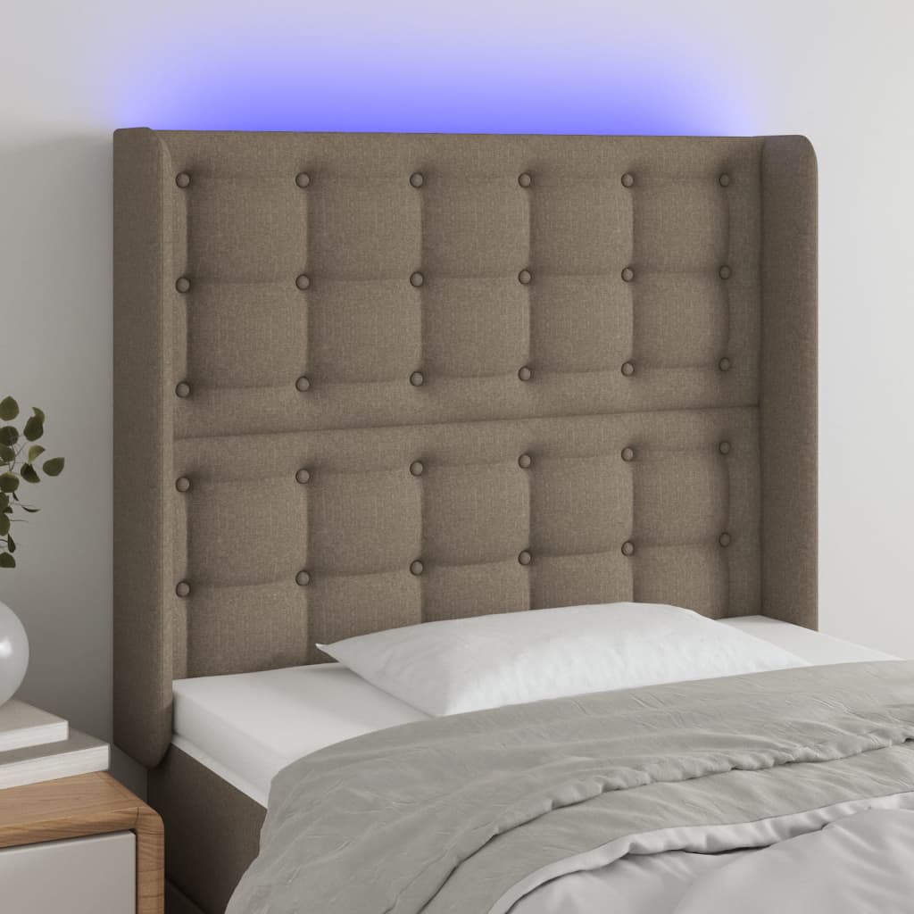 sengegavl med LED-lys 83x16x118/128 cm stof gråbrun