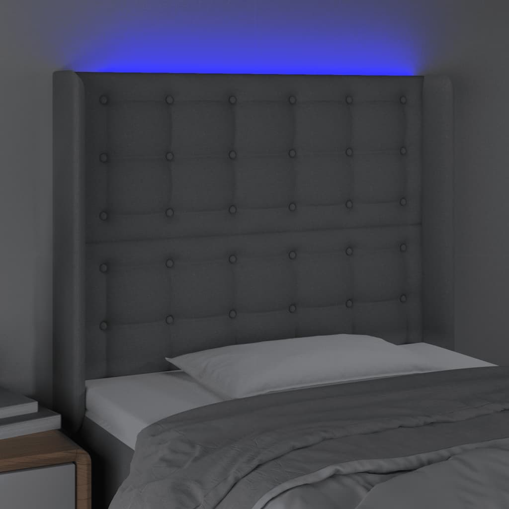 sengegavl med LED-lys 93x16x118/128 cm stof lysegrå