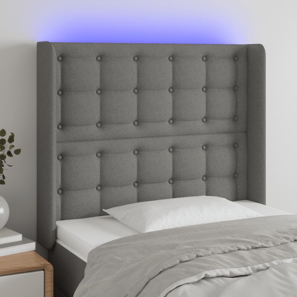 sengegavl med LED-lys 93x16x118/128 cm stof mørkegrå