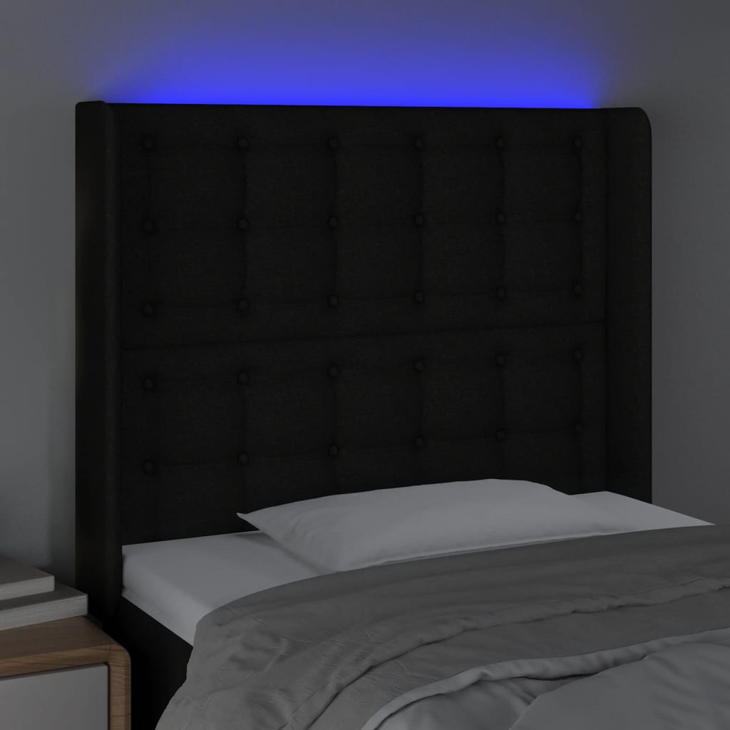 sengegavl med LED-lys 93x16x118/128 cm stof sort