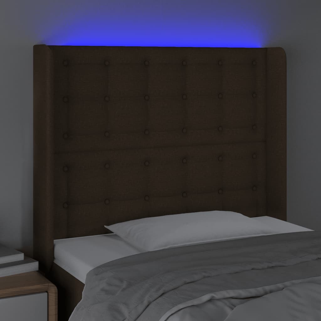 sengegavl med LED-lys 93x16x118/128 cm stof mørkebrun