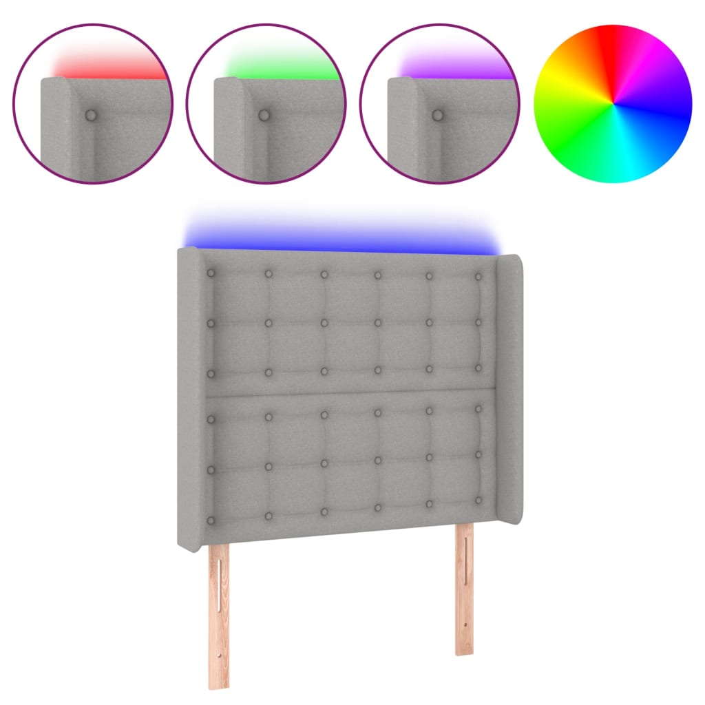 sengegavl med LED-lys 103x16x118/128 cm stof lysegrå