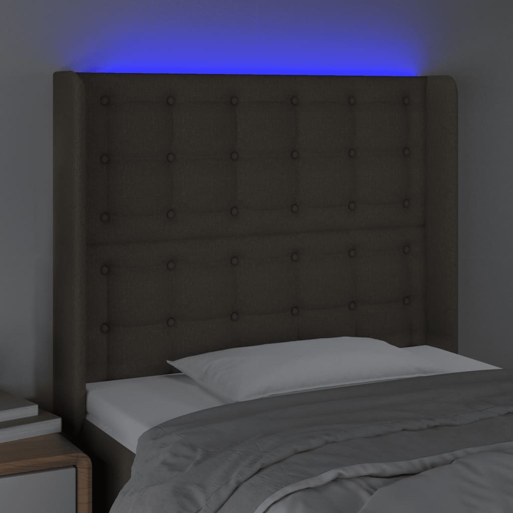 sengegavl med LED-lys 103x16x118/128 cm stof gråbrun