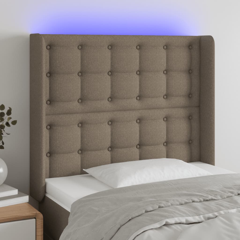 sengegavl med LED-lys 103x16x118/128 cm stof gråbrun