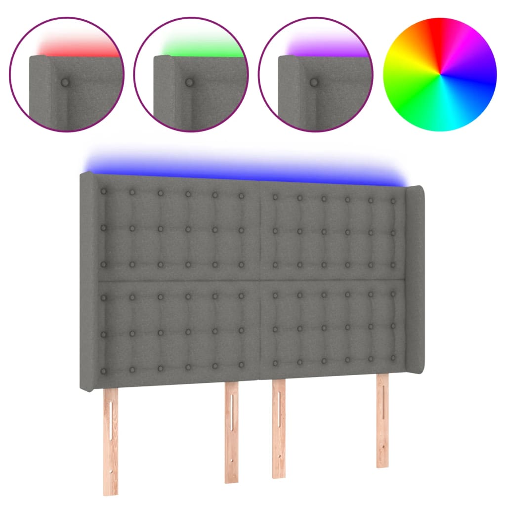 sengegavl med LED-lys 147x16x118/128 cm stof mørkegrå