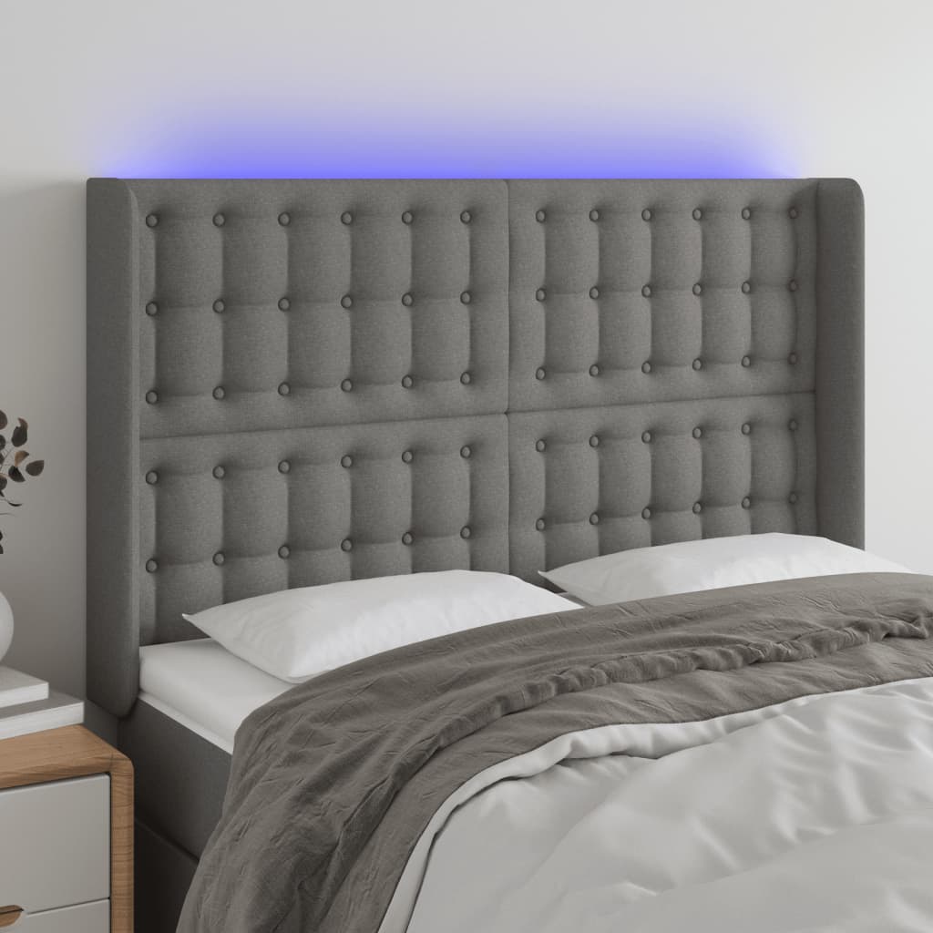 sengegavl med LED-lys 147x16x118/128 cm stof mørkegrå