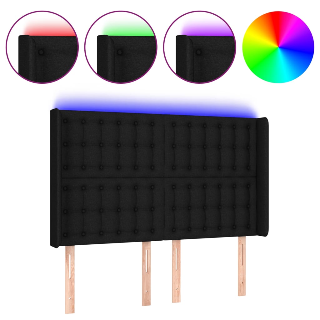 sengegavl med LED-lys 147x16x118/128 cm stof sort