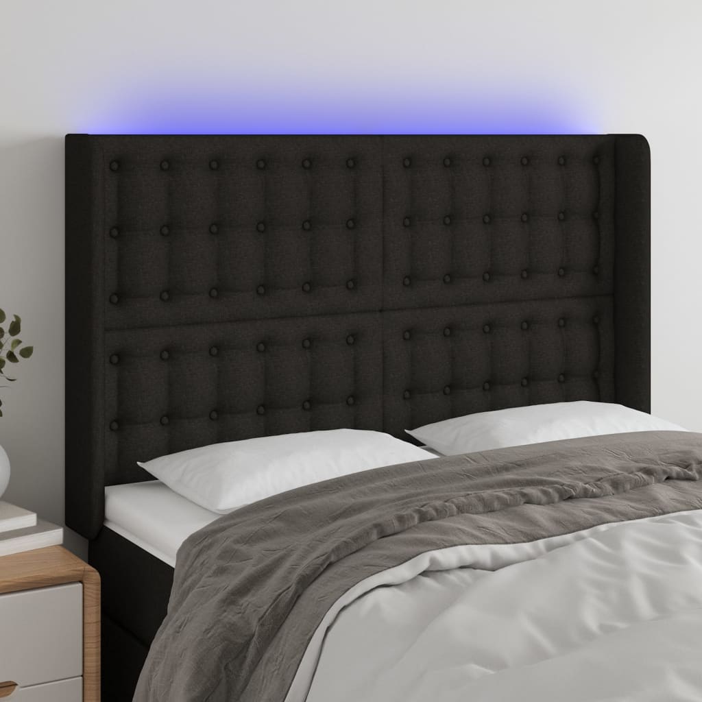 sengegavl med LED-lys 147x16x118/128 cm stof sort