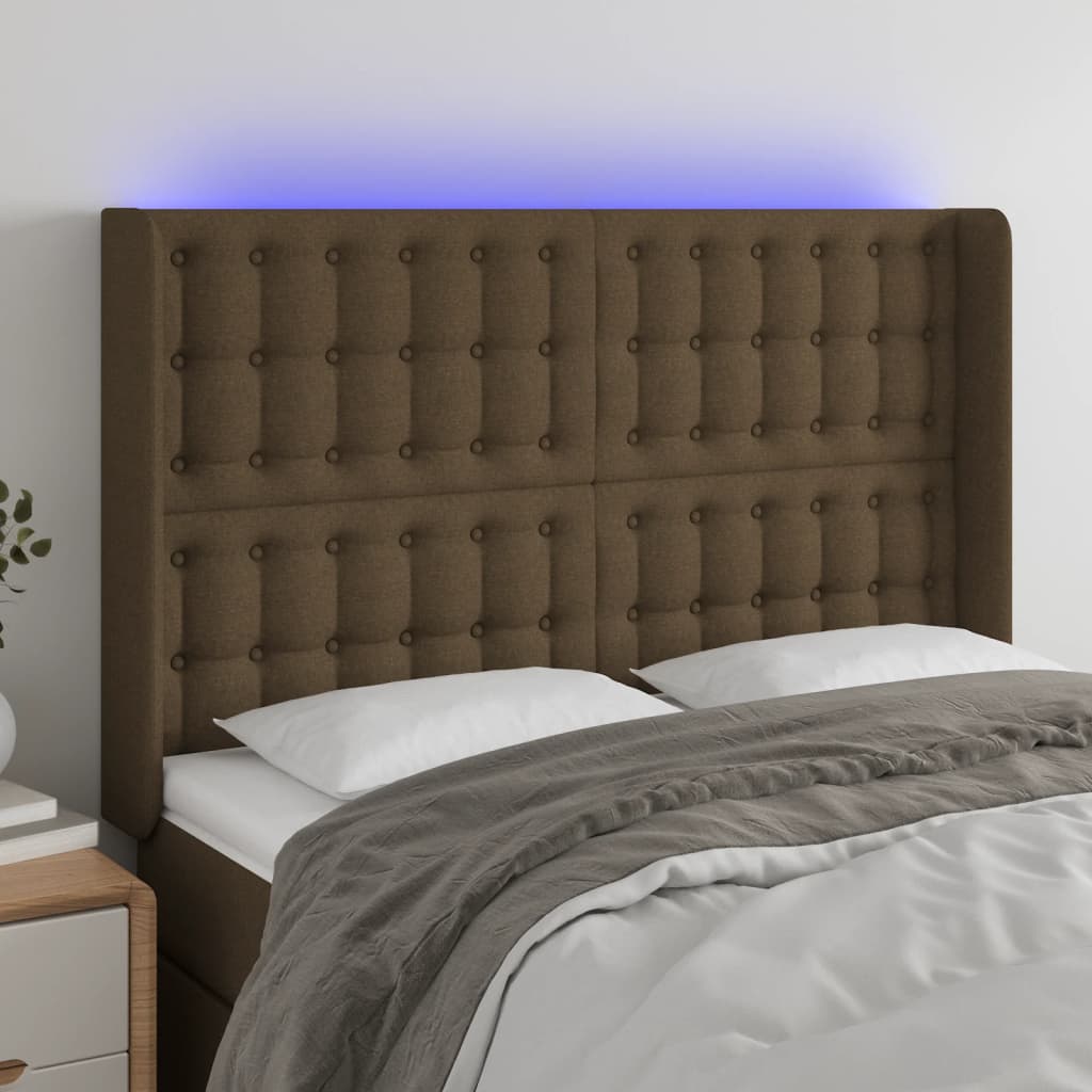 sengegavl med LED-lys 147x16x118/128 cm stof mørkebrun