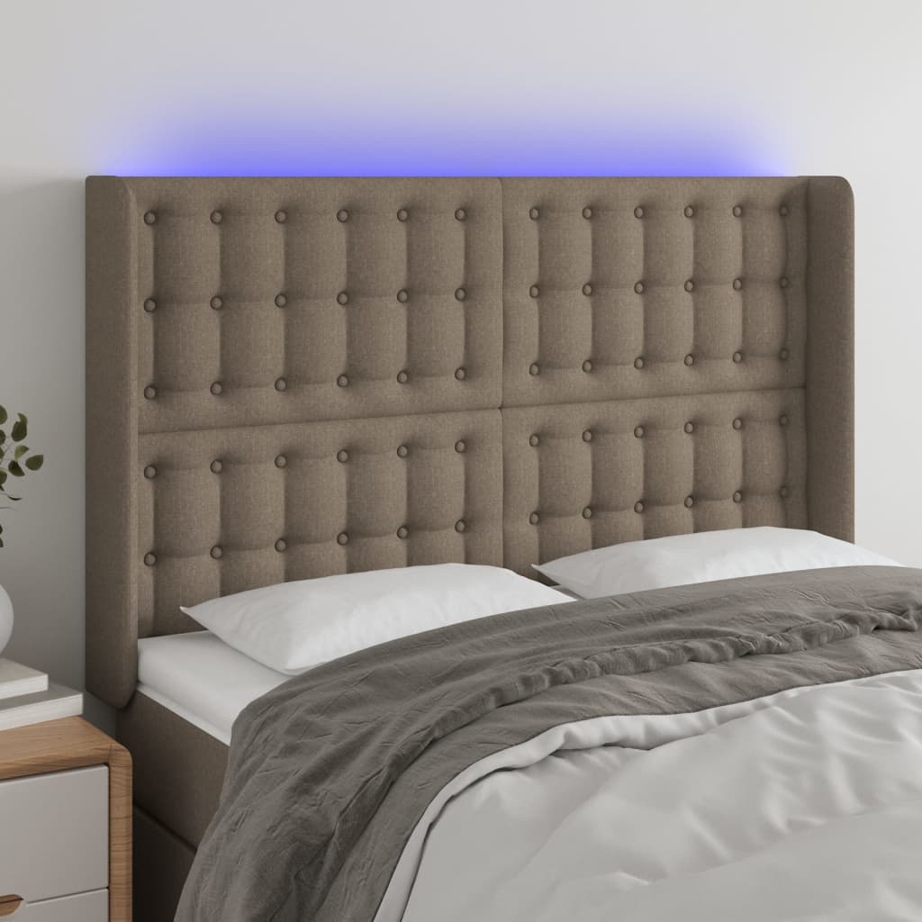 sengegavl med LED-lys 147x16x118/128 cm stof gråbrun