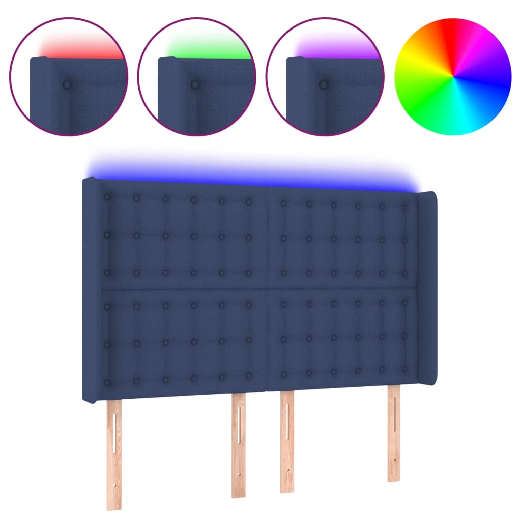 sengegavl med LED-lys 147x16x118/128 cm stof blå