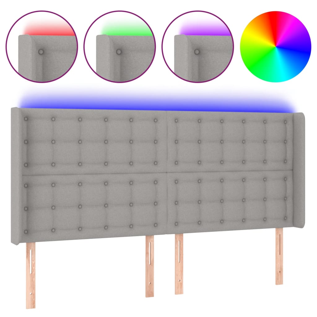 sengegavl med LED-lys 163x16x118/128 cm stof lysegrå