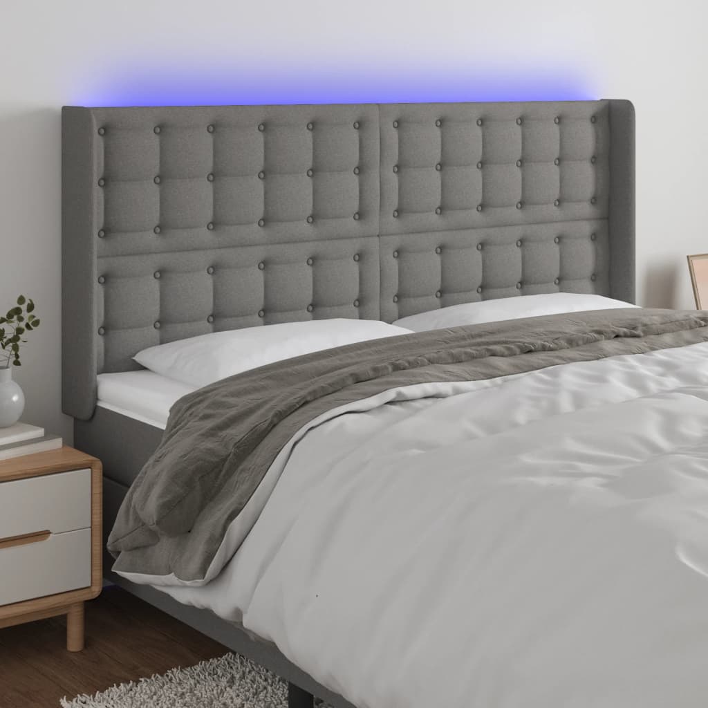 sengegavl med LED-lys 163x16x118/128 cm stof mørkegrå