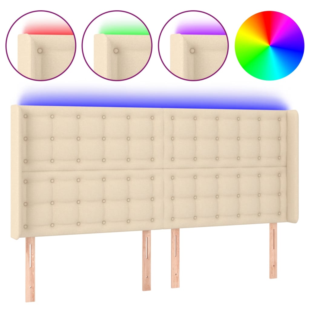 sengegavl med LED-lys 163x16x118/128 cm stof cremefarvet