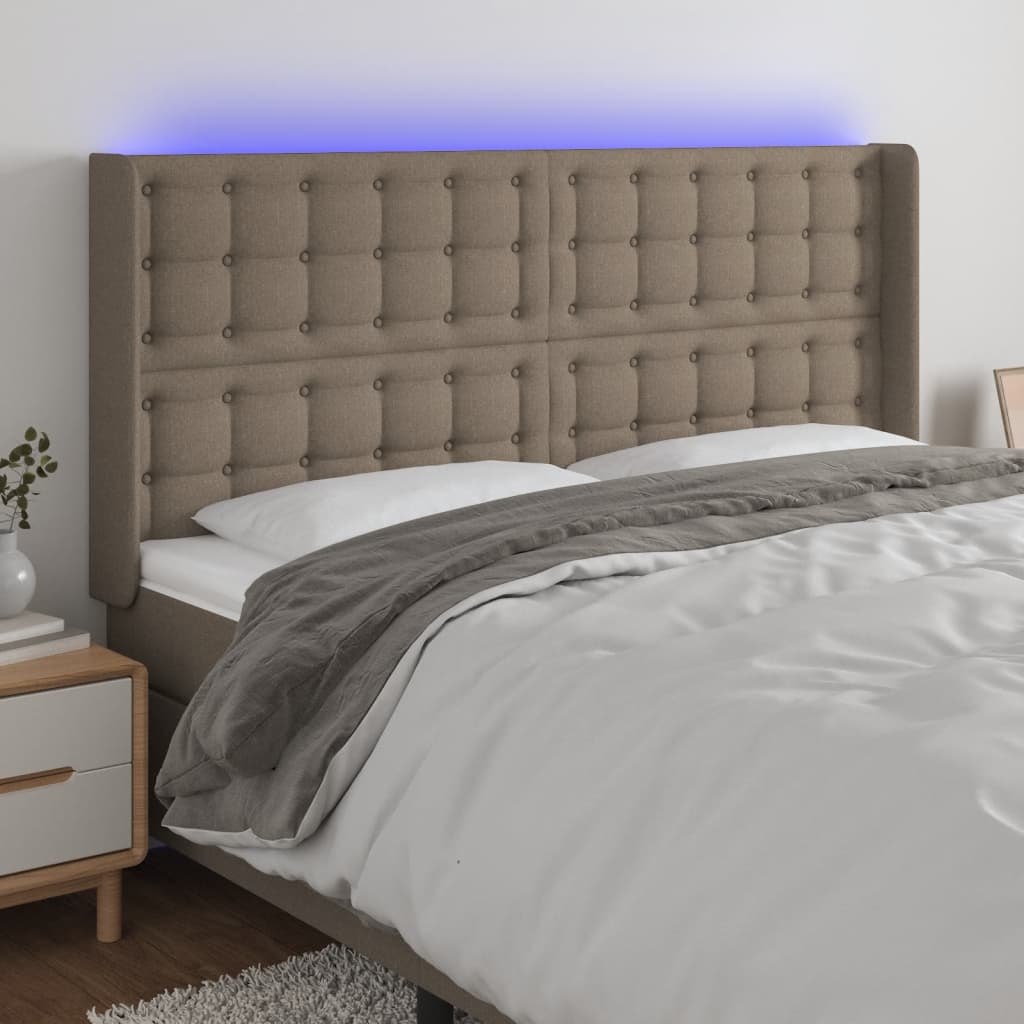 sengegavl med LED-lys 183x16x118/128 cm stof gråbrun