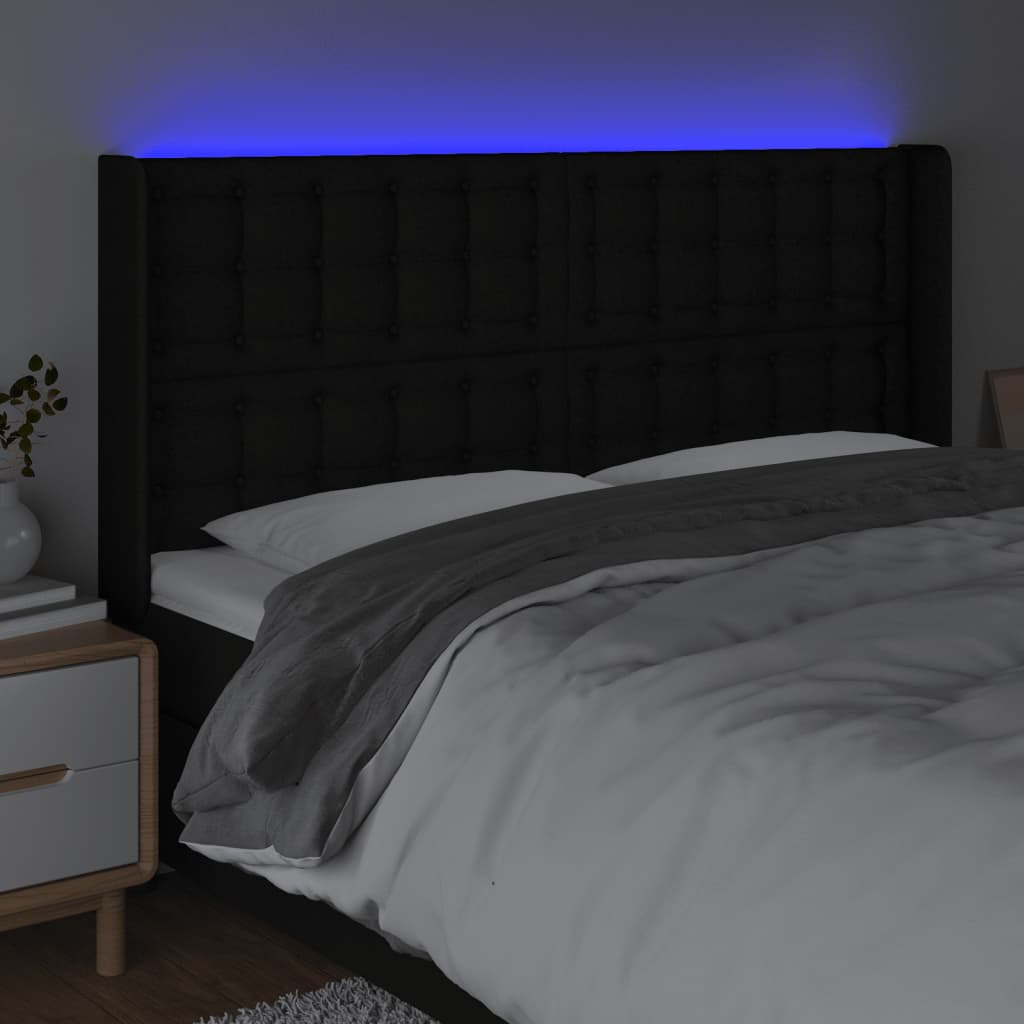 sengegavl med LED-lys 203x16x118/128 cm stof sort