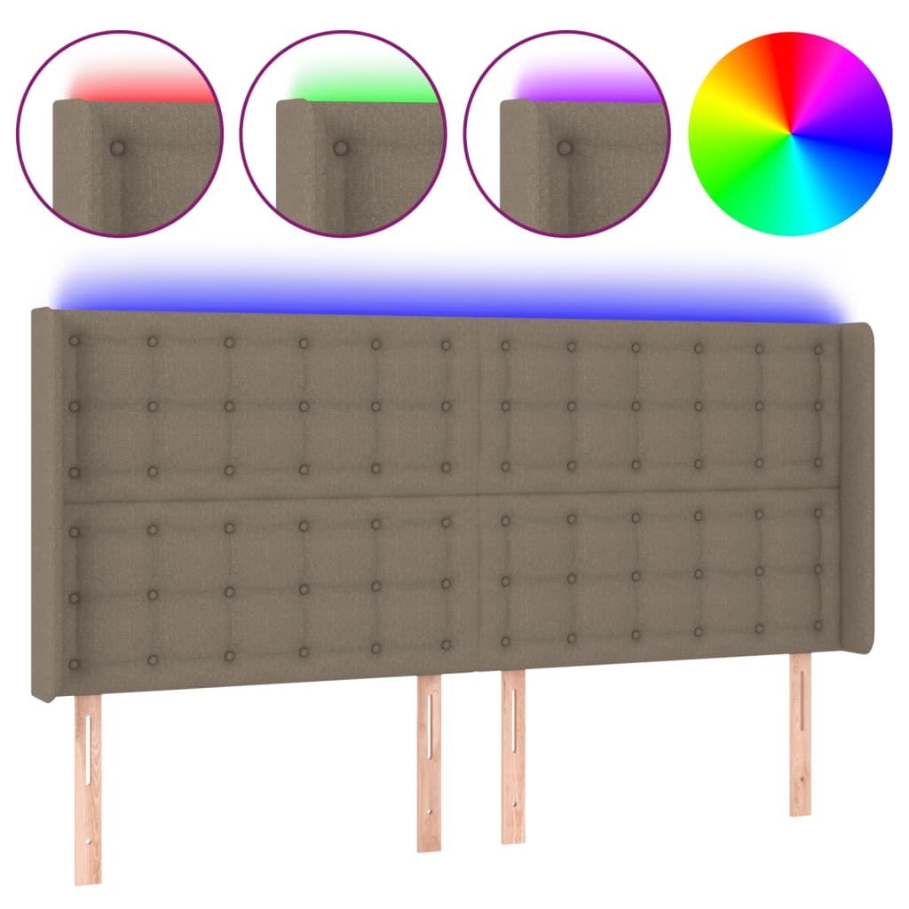 sengegavl med LED-lys 203x16x118/128 cm stof gråbrun
