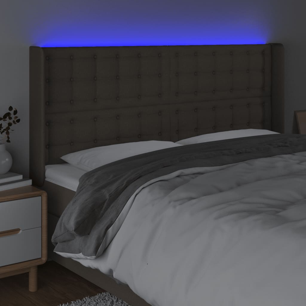 sengegavl med LED-lys 203x16x118/128 cm stof gråbrun