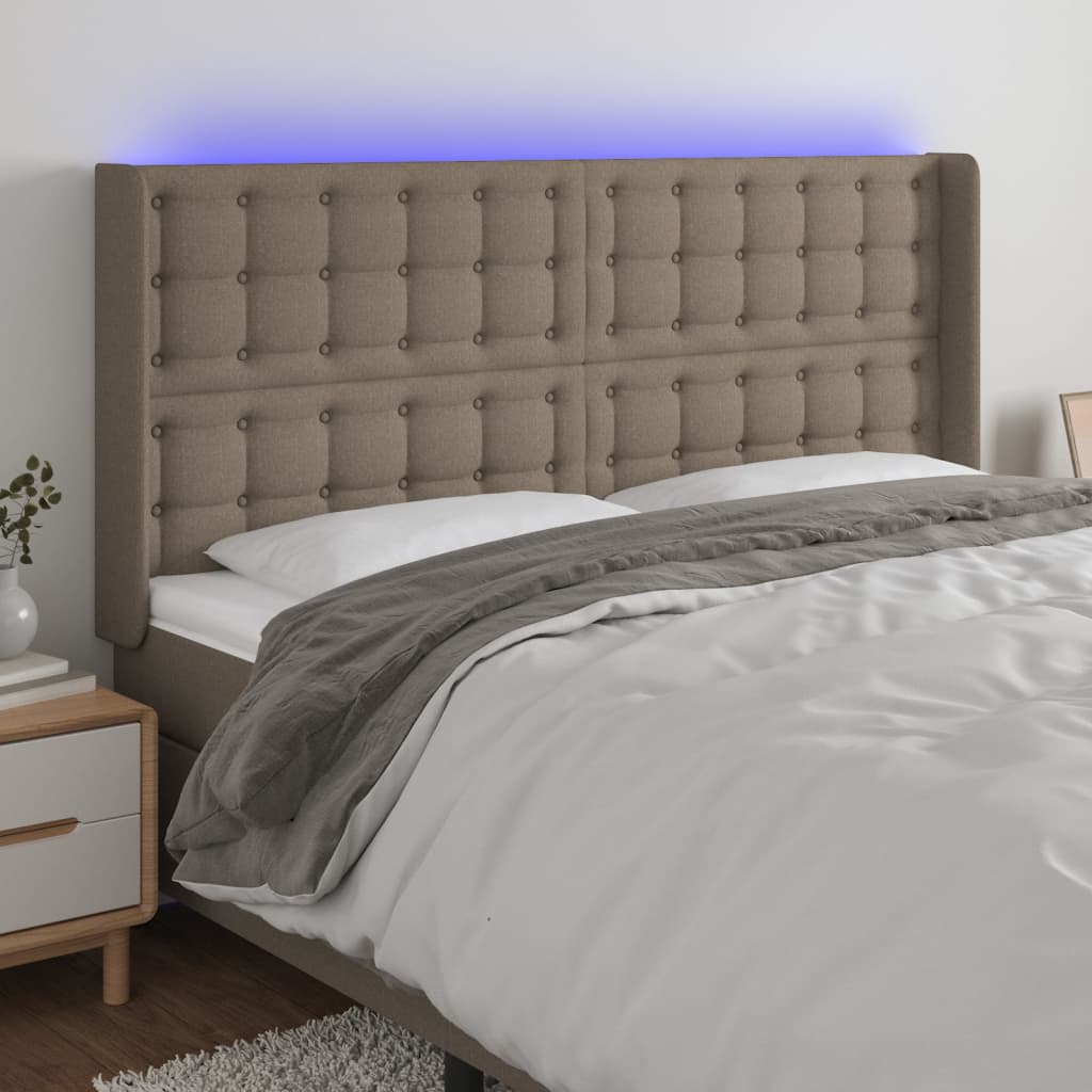 sengegavl med LED-lys 203x16x118/128 cm stof gråbrun