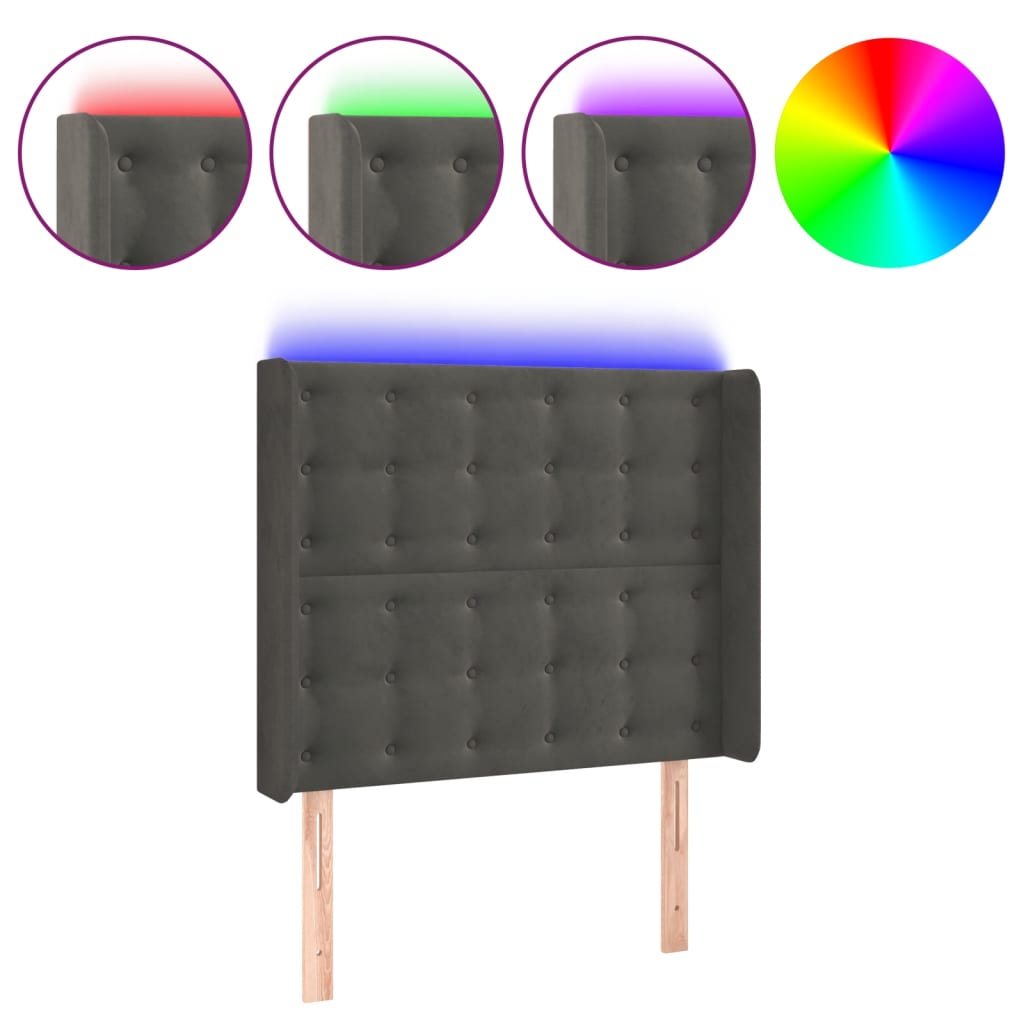 sengegavl med LED-lys 83x16x118/128 cm fløjl mørkegrå