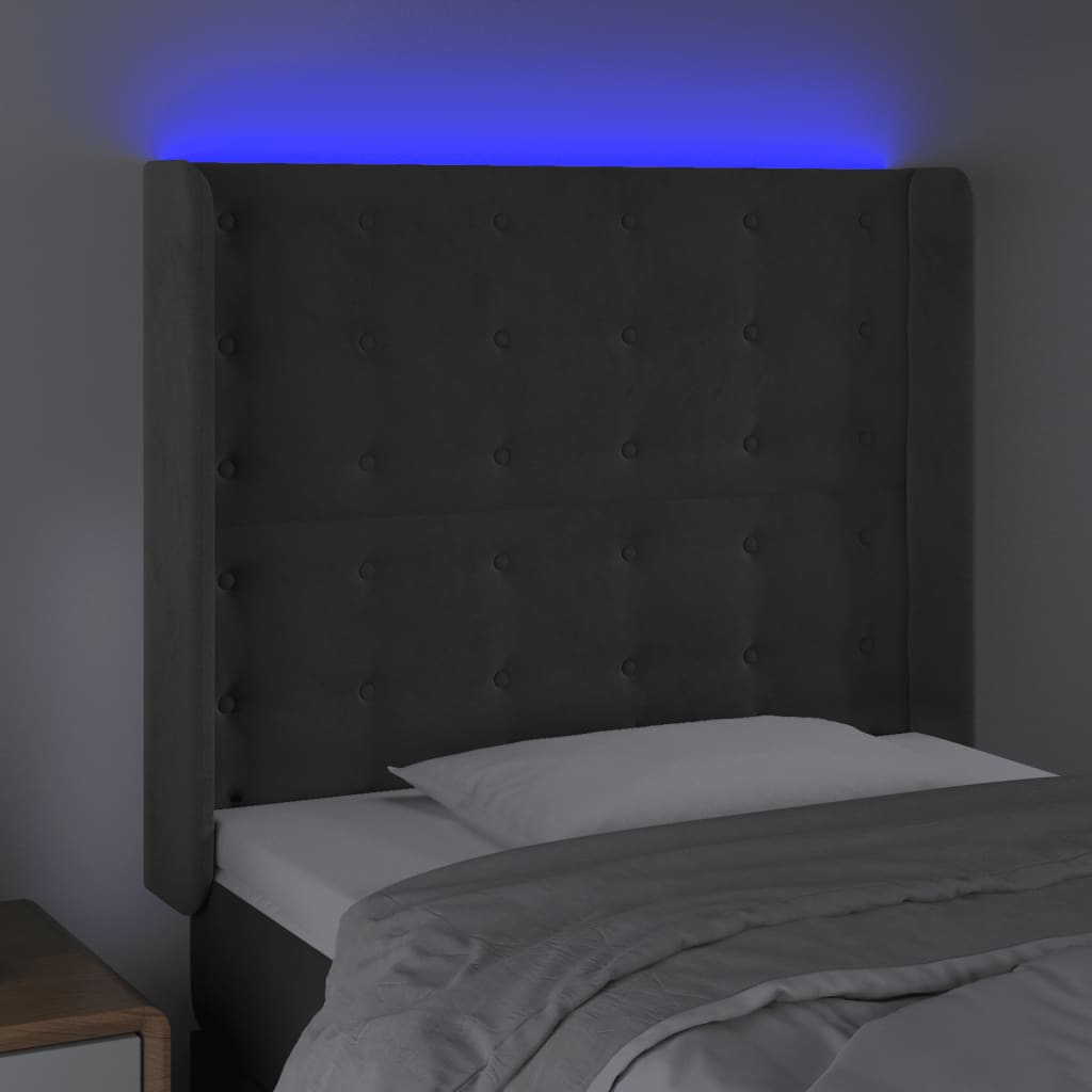 sengegavl med LED-lys 83x16x118/128 cm fløjl mørkegrå