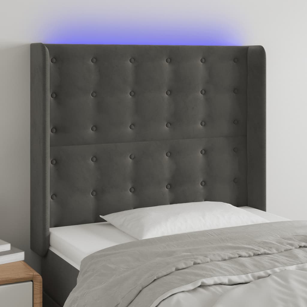 sengegavl med LED-lys 83x16x118/128 cm fløjl mørkegrå