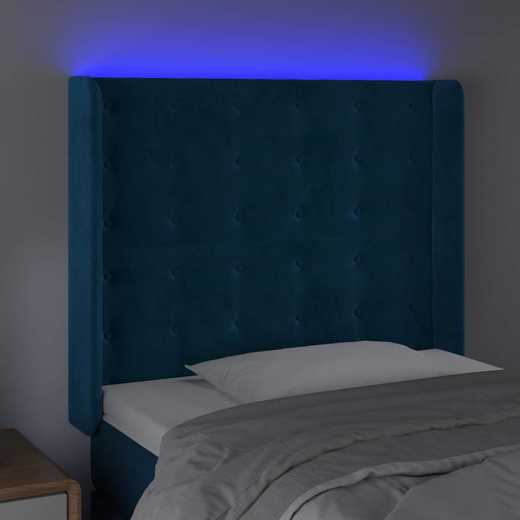sengegavl med LED-lys 83x16x118/128 cm fløjl mørkeblå