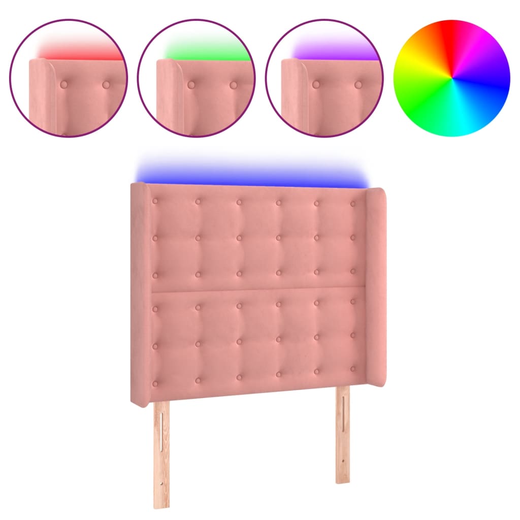 sengegavl med LED-lys 83x16x118/128 cm fløjl lyserød