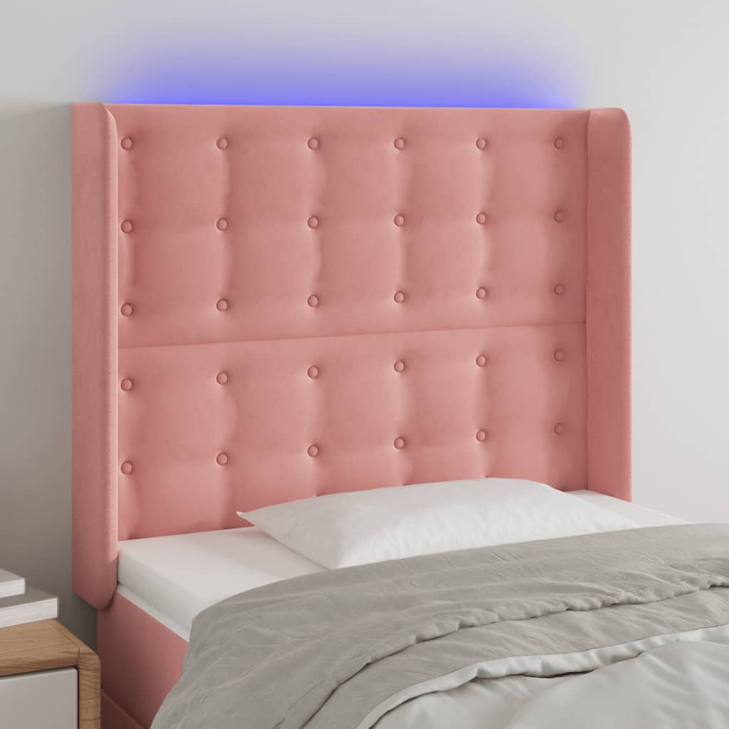 sengegavl med LED-lys 83x16x118/128 cm fløjl lyserød