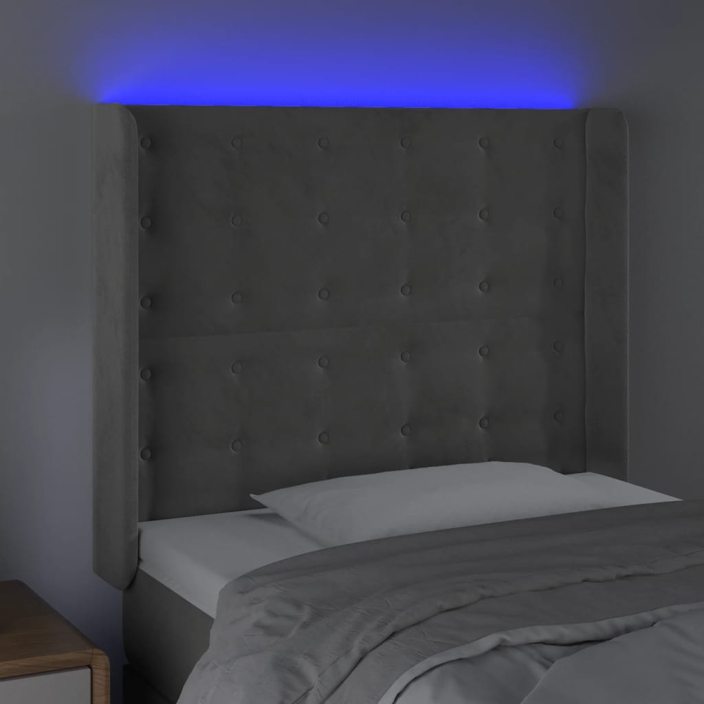 sengegavl med LED-lys 93x16x118/128 cm fløjl lysegrå
