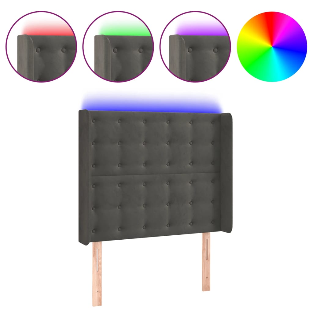 sengegavl med LED-lys 93x16x118/128 cm fløjl mørkegrå