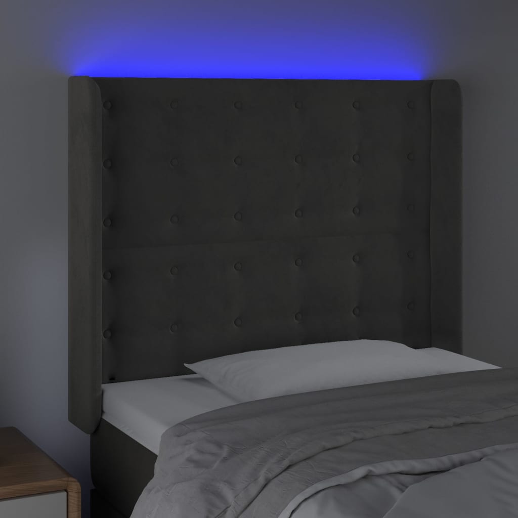sengegavl med LED-lys 93x16x118/128 cm fløjl mørkegrå