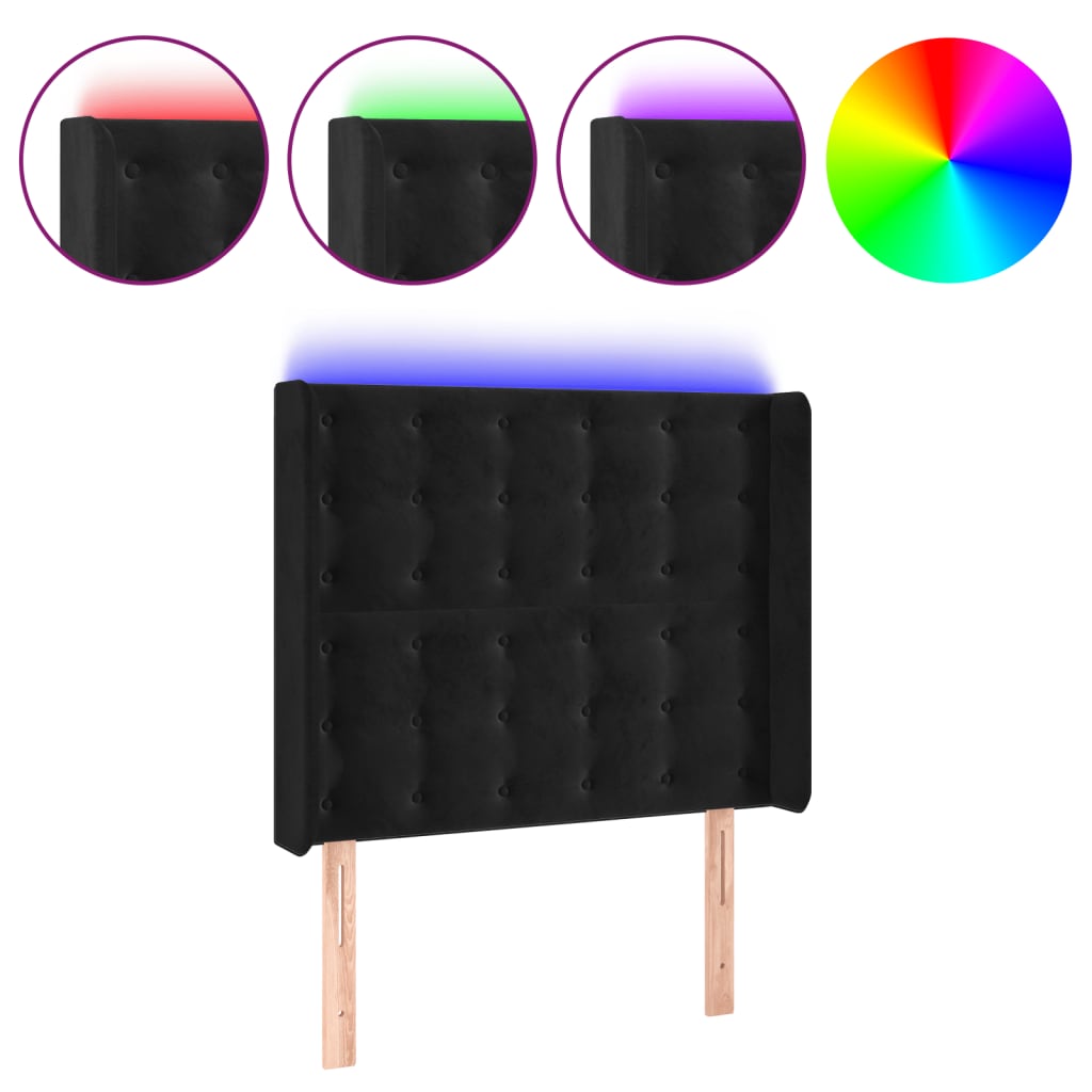sengegavl med LED-lys 93x16x118/128 cm fløjl sort