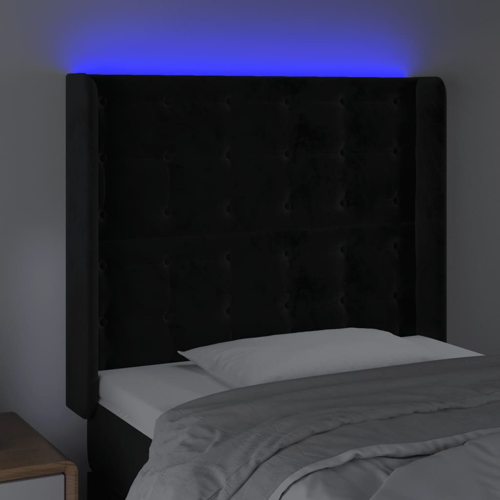 sengegavl med LED-lys 93x16x118/128 cm fløjl sort