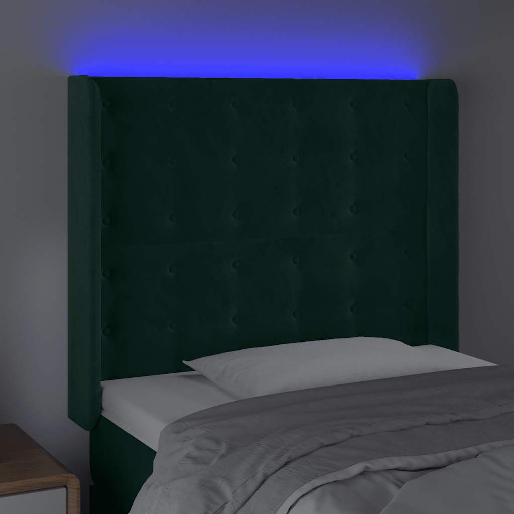 sengegavl med LED-lys 93x16x118/128 cm fløjl mørkegrøn