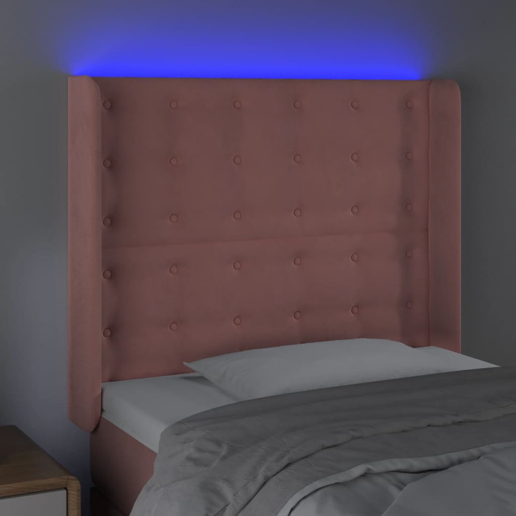 sengegavl med LED-lys 93x16x118/128 cm fløjl lyserød