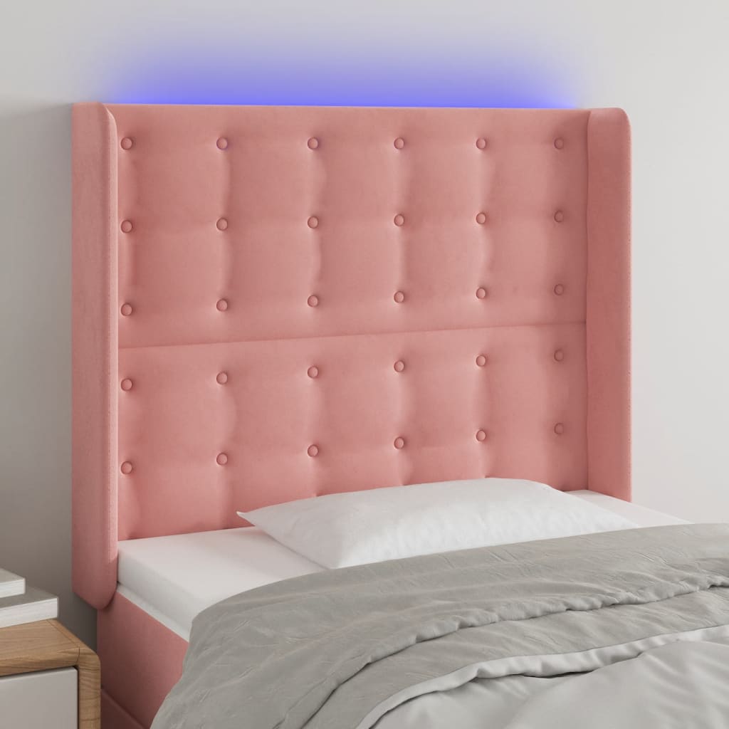 sengegavl med LED-lys 93x16x118/128 cm fløjl lyserød